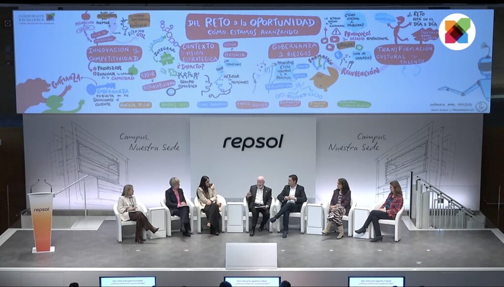 graphic recording en pantalla gigante durante mesa redonda