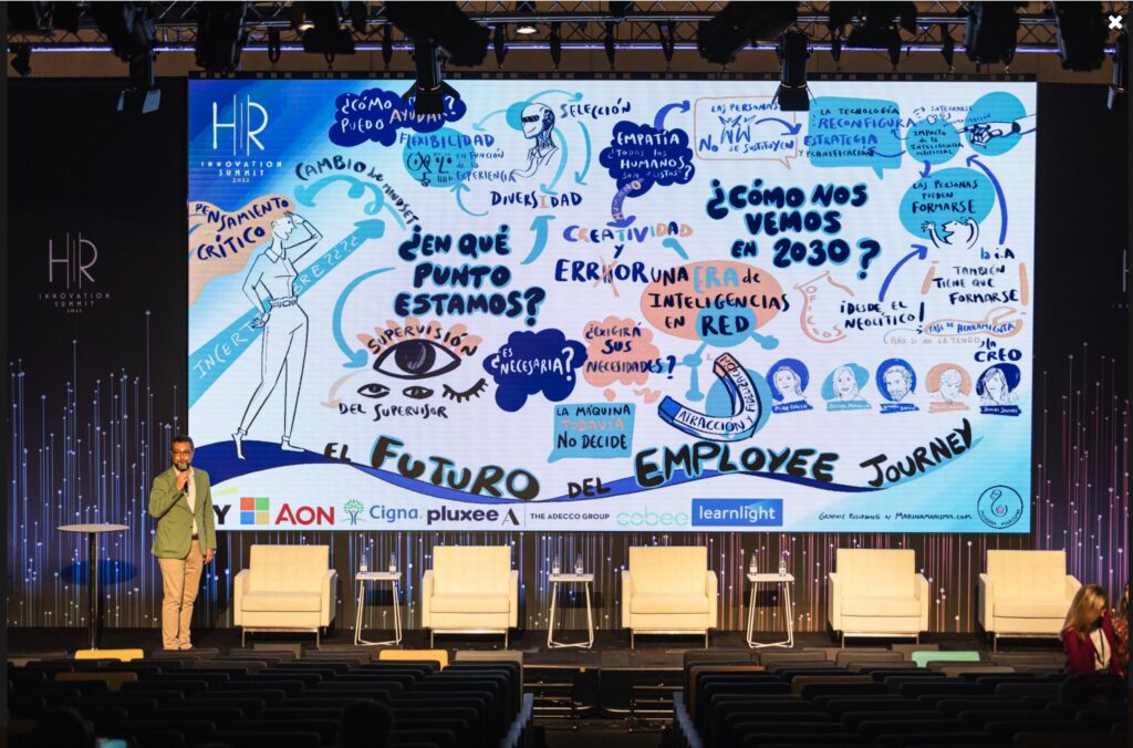 evento de recursos humanos graphic recording en gran pantalla como cierre del evento