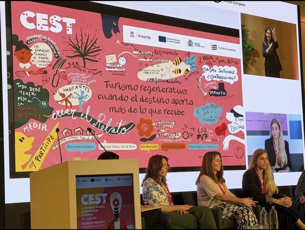 Graphic recording de Marina Marisma sobre turismo regenerativo proyectado durante una mesa redonda del congreso CEST Mallorca.