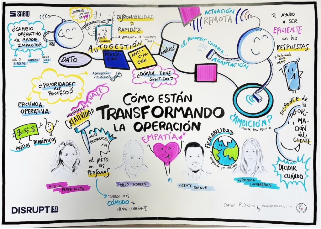 Ilustración de Marina Marisma sobre la transformación de las operaciones, la autogestión y la eficiencia en DISRUPT 2026.