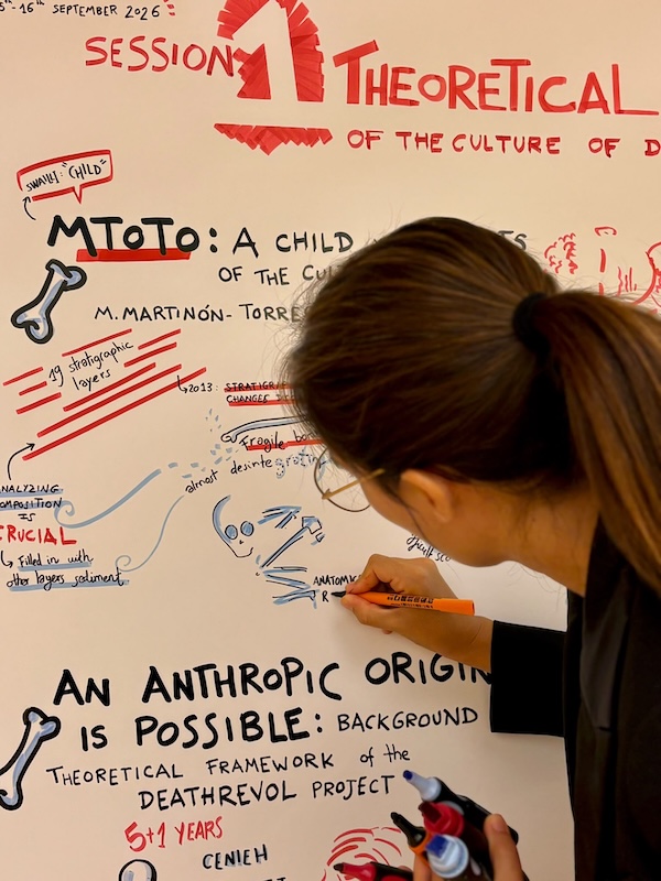 Marina Marisma realizando graphic recording en directo durante una ponencia del workshop científico DEATHREVOL en el CENIEH.