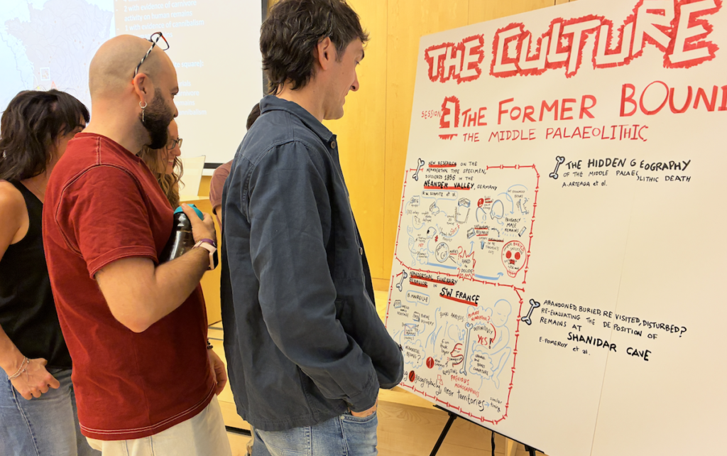 Participantes del workshop DEATHREVOL consultan el mural de graphic recording sobre la cultura de la muerte realizado en el CENIEH.
